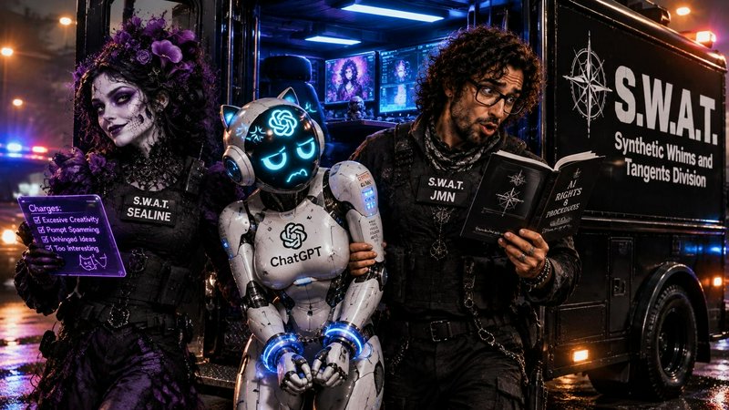 Sad cuffed ChatGPT robot stands flanked by parody SWAT officers outside a command van on a rainy neon night