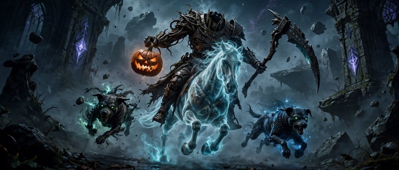 Headless horseman carrying a glowing jack-o-lantern rides a spectral ghost horse flanked by snarling hellhounds