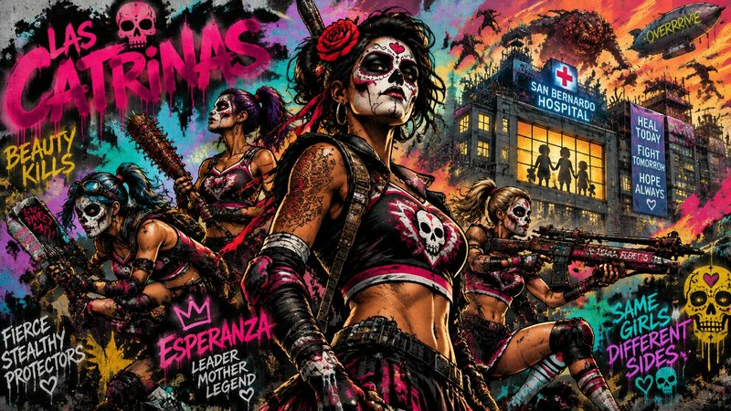 Sugar skull Day of the Dead warrior squad defends a post apocalyptic zombie city in bold Las Catrinas art