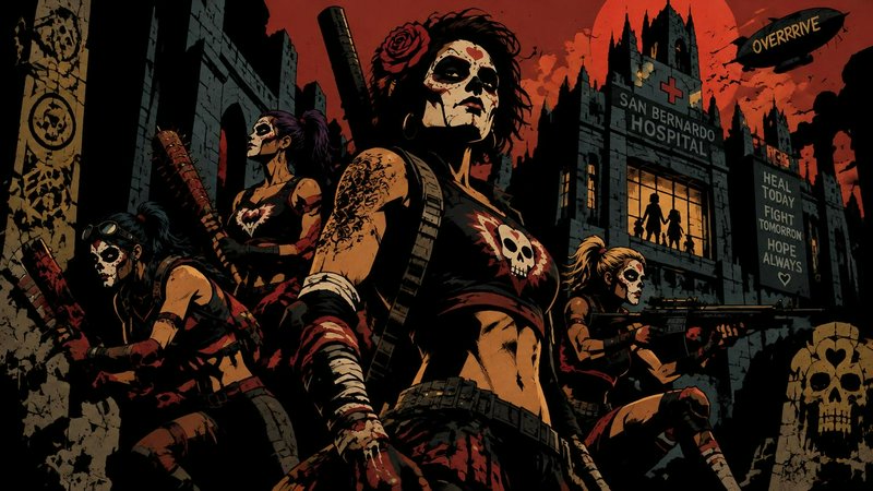 Fierce all-female post-apocalyptic raider crew with sugar skull face paint stand guard before a ruined gothic hospital