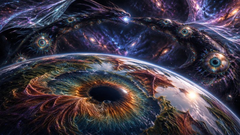 Multi-eyed cosmic serpent dragons hover above a giant eye-shaped planet in a glowing deep space nebula