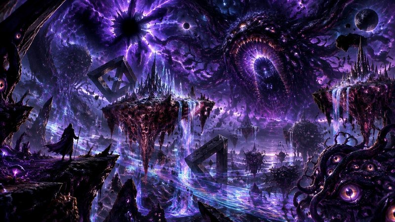 Robed wizard observes tentacled cosmic elder gods in a swirling purple void realm