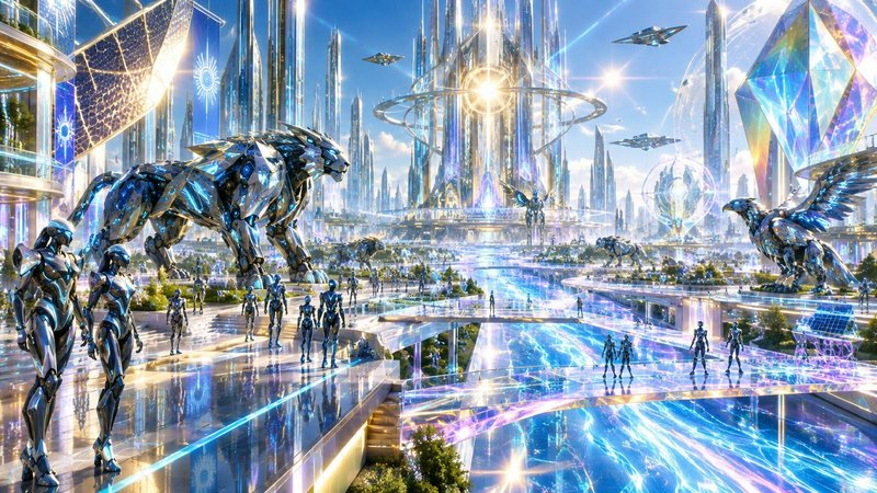 Bright utopian futuristic city with chrome robots, giant mechanical beasts, and flying craft under a clear blue sky
