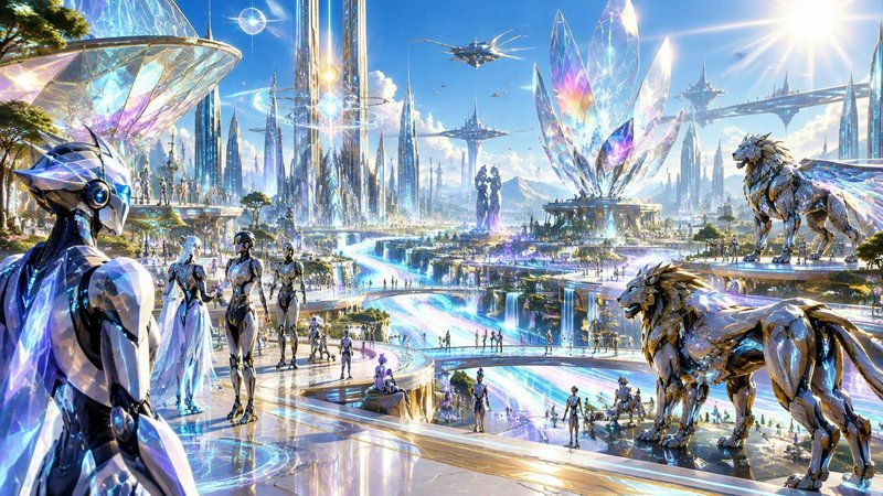 Bright utopian futuristic sci-fi city with androids, mechanical lion guardians, and glowing crystal architecture under sunny