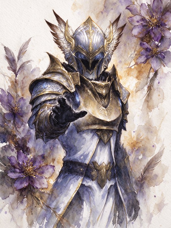 Ornate winged fantasy knight in gilded silver armor reaches out, framed by purple flowers in soft watercolor style