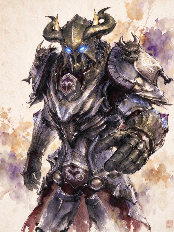 Horned armored fantasy knight with glowing blue eyes and dragon shoulder details reaches toward the viewer