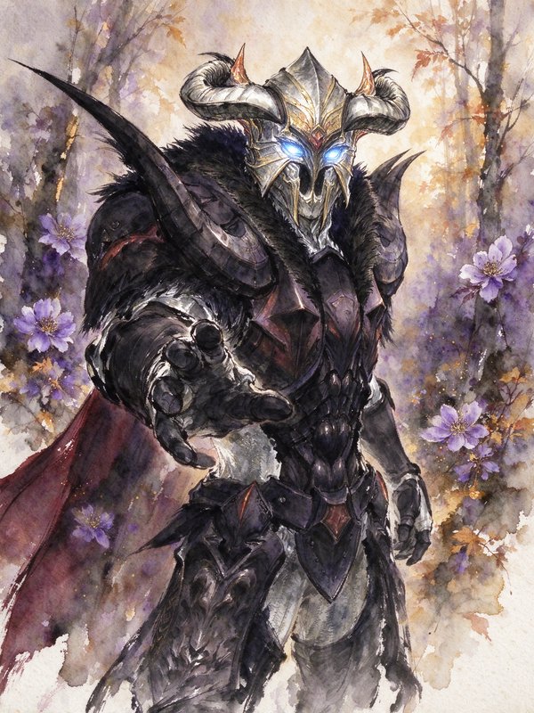 Horned armored death knight with glowing blue eyes extends a hand in a misty flowered forest