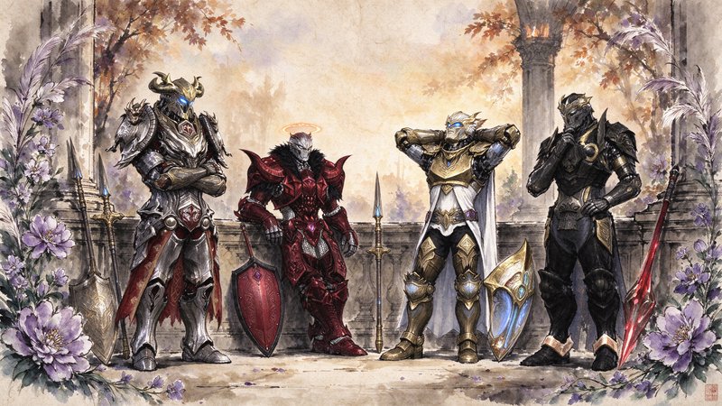 Four ornately armored fantasy knights stand in a line on a flower-framed stone terrace