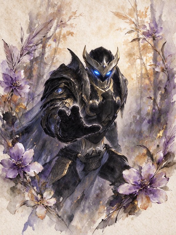 Dark armored fantasy knight with glowing blue eyes reaches toward the viewer, framed by purple flowers in watercolor