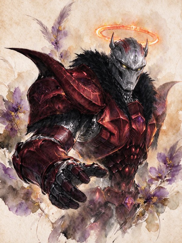 Armored fantasy knight with a glowing orange halo extends a hand, framed by delicate purple watercolor flowers