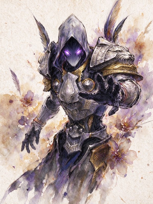 Hooded armored fantasy knight with glowing purple eyes extends one hand toward the viewer