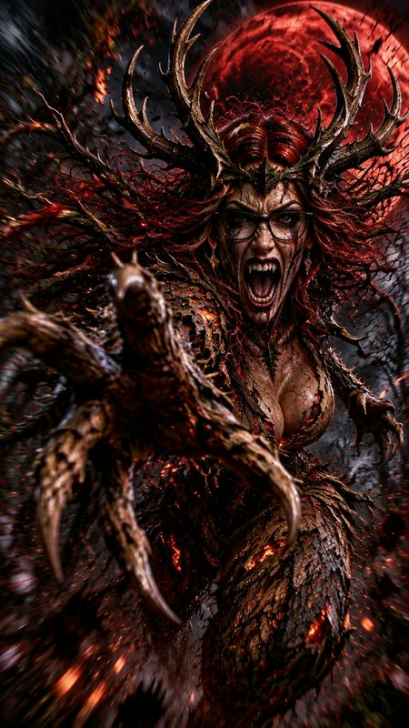 Screaming antlered dark dryad with thorny bark skin reaches toward the viewer under a glowing blood red moon