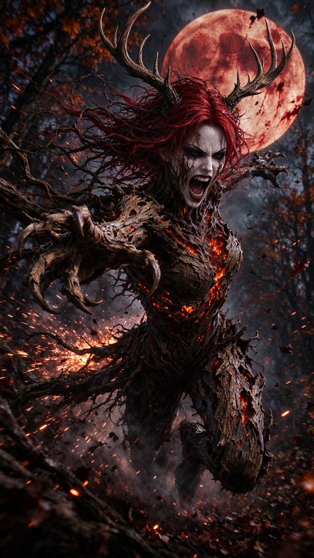 Snarling antlered dryad monster lunges forward beneath a glowing blood moon in a dark autumn forest