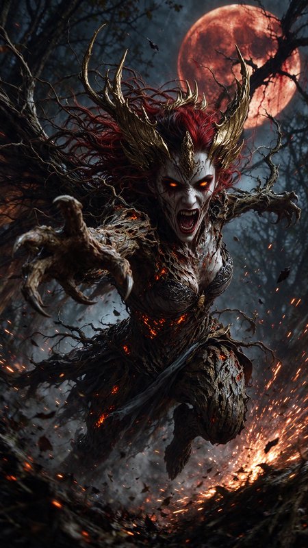 Screaming demonic dryad queen lunges toward the viewer under a glowing red blood moon in a dark forest