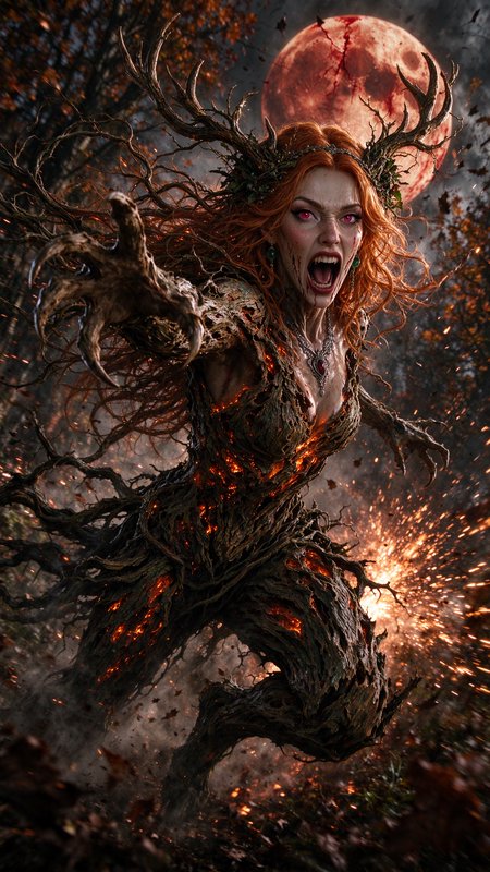 Furious antlered dryad with glowing root armor lunges toward the viewer under a blood red full moon