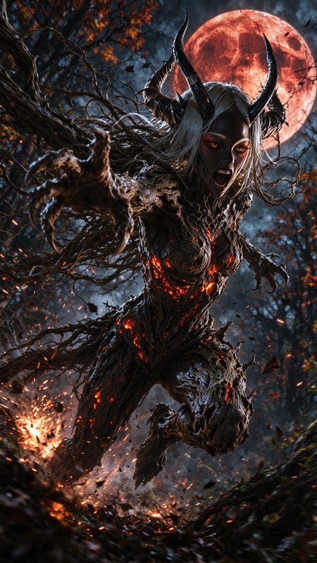 Horned dryad demon lunges toward the viewer under a glowing blood moon in a dark autumn forest