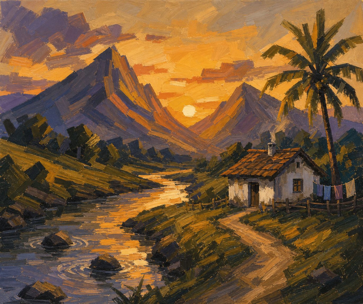 Impressionist impasto oil painting of a tropical sunset valley, with a small riverside cottage, palm tree, and rugged moun...