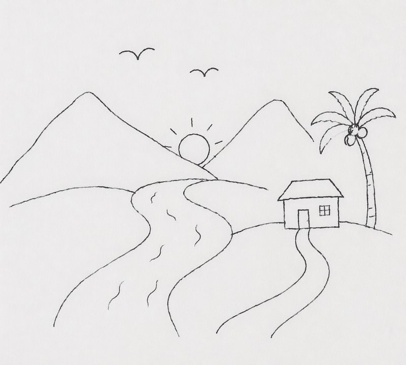 Line drawing of mountains, a winding river, sunset, cottage by a palm tree.
