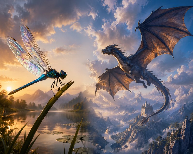 Dragon and dragonfly face off over a mystical lake at sunset in a cinematic fantasy scene.