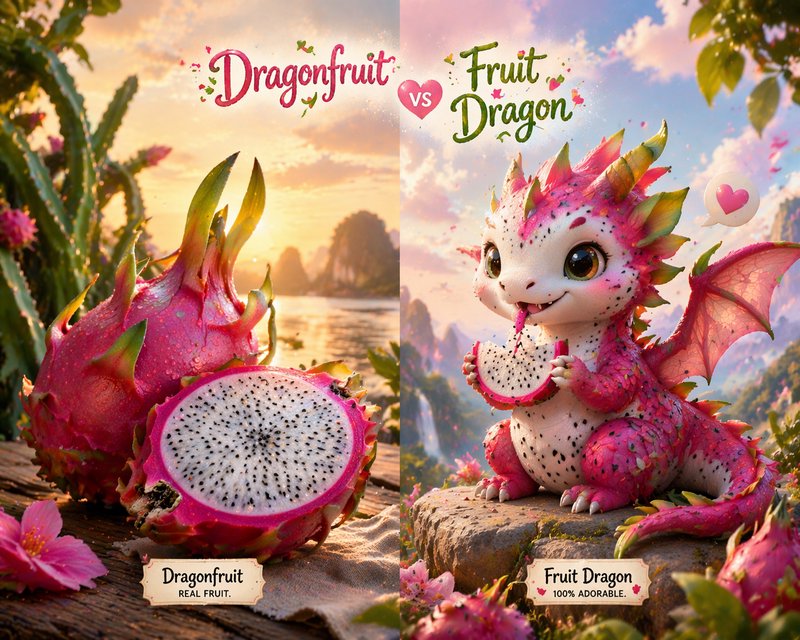 Split image showing a real dragonfruit on the left and a cute cartoon Dragonfruit/Fruit Dragon on...