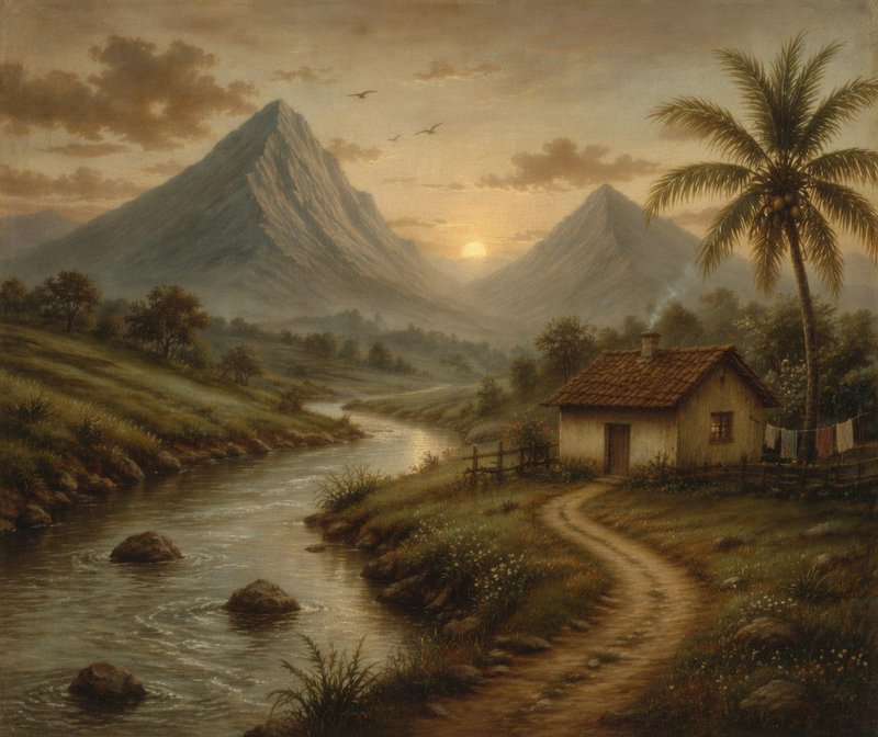 Quaint countryside cottage beside a winding river with mountains at sunset in a pastoral landscape.