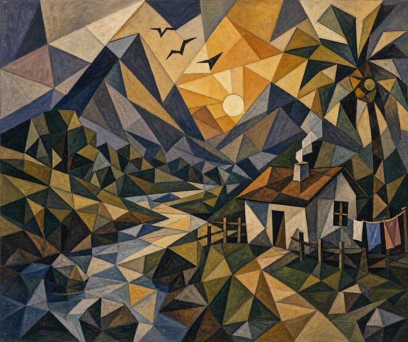 Cubist landscape with a small house, mountains, sun, and clothesline in angular geometric shapes.