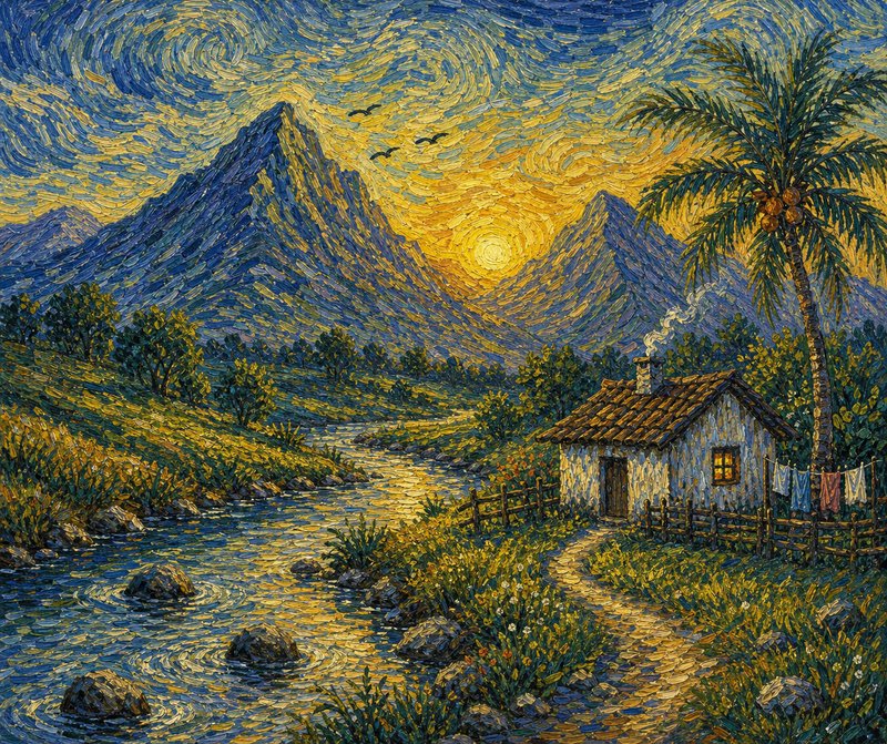Van Gogh-inspired post-impressionist painting of a cozy riverside cottage at sunset, with swirlin...