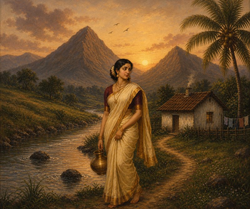 Oil painting of a South Indian woman in a cream saree holding a brass pot by a village river at s...