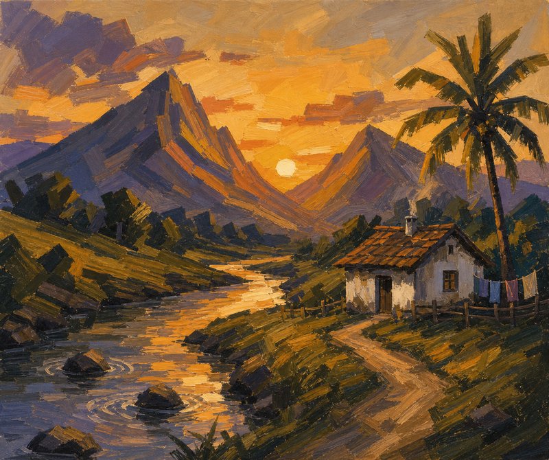 Impressionist impasto oil painting of a tropical sunset valley, with a small riverside cottage, p...