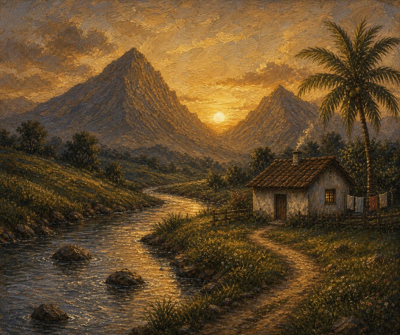 Impressionist oil painting of a tropical valley sunset, with a stone cabin, winding river, palm t...