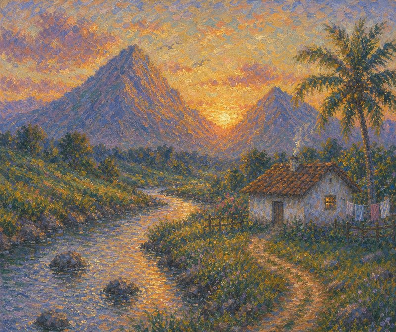 Pointillist landscape painting of a tropical sunset: a riverside cottage, palm tree, and golden s...
