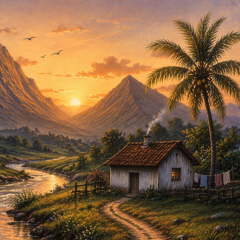 Traditional oil painting of a small tropical cottage by a winding river, golden sunset behind mou...