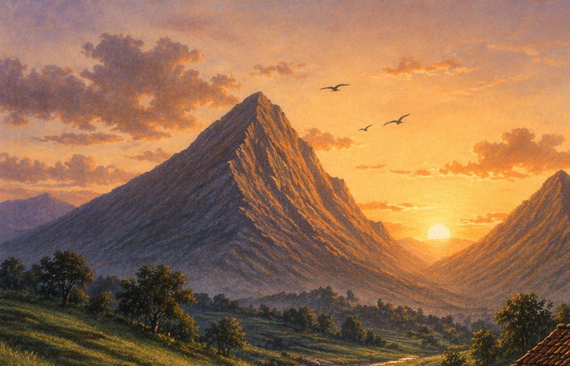 Realist oil painting of a golden sunset over jagged rocky mountain peaks, with flying birds and a...