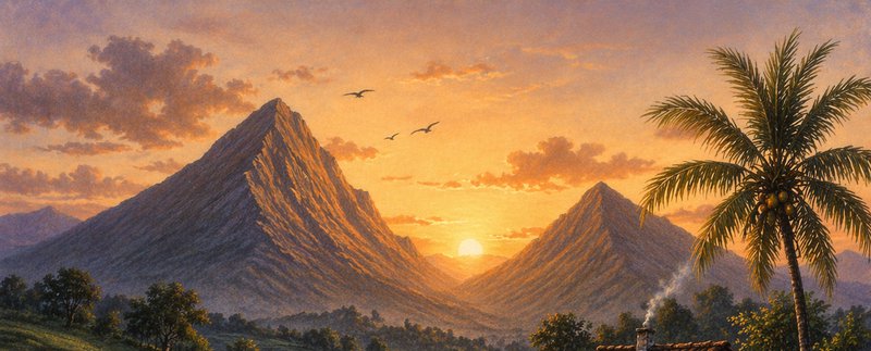 Tropical mountain valley sunset painting, featuring a coconut palm, flying birds, and smoking cot...
