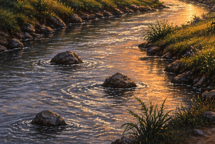 Painting of a rippling golden hour stream, with half-submerged boulders and grassy rocky riverbanks