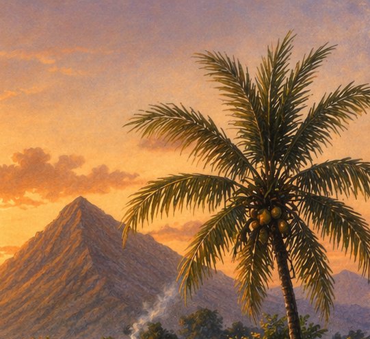 Oil painting of a fruiting coconut palm, with a smoking conical volcano under a warm golden sunse...