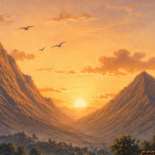 Textured landscape painting of golden sunset framed by rocky mountain peaks, with birds flying ab...