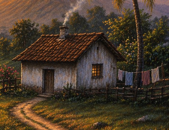 Rustic small plaster cottage with smoking chimney, glowing window, set in mountain countryside at...