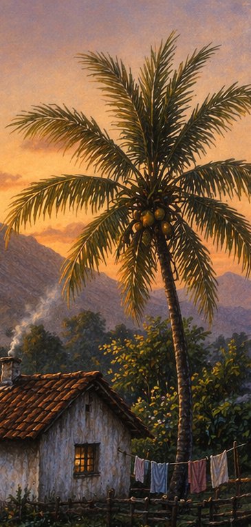 Oil painting of tropical rural sunset, with tall coconut palm beside a cozy rustic cottage, dista...