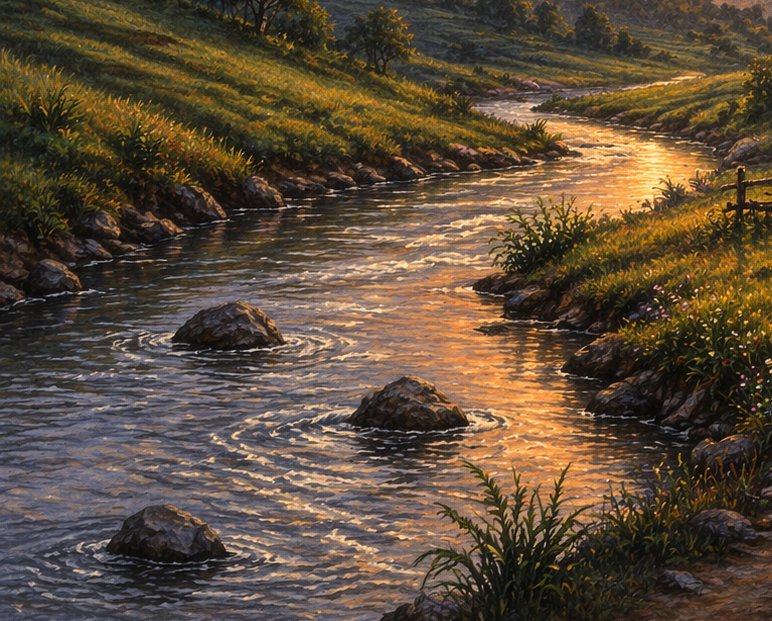 Winding rural river glowing with golden sunset light, bordered by grassy sloped banks, rocks, and...
