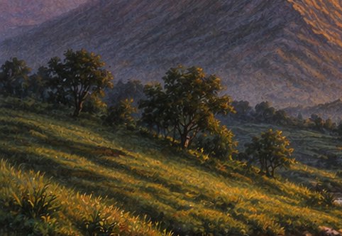 Textured impressionist painting of a sunlit grassy hillside with scattered trees, hazy distant mo...