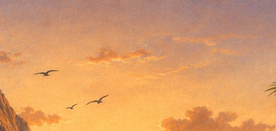 Painterly warm golden sunset sky with gliding seabirds, rocky cliff edge, and palm frond detail
