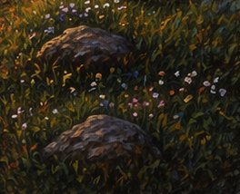 Impasto oil painting of two sunlit boulders resting in lush grass dotted with tiny colorful wildf...