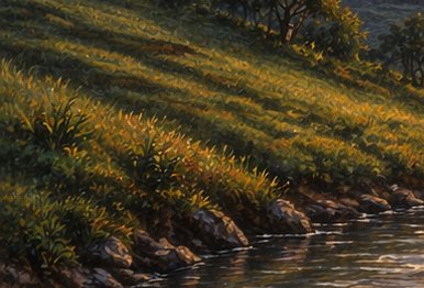 Impressionist landscape painting of a sunlit grassy riverbank at golden hour, with rocky shorelin...