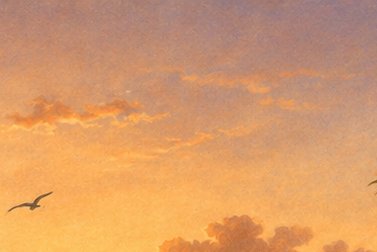 Soft painterly golden sunset sky with wispy orange clouds and a seagull gliding through warm grad...