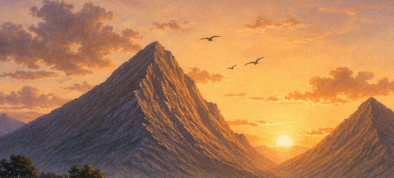 Textured landscape painting of jagged rocky mountain peaks at golden sunset, with birds soaring o...