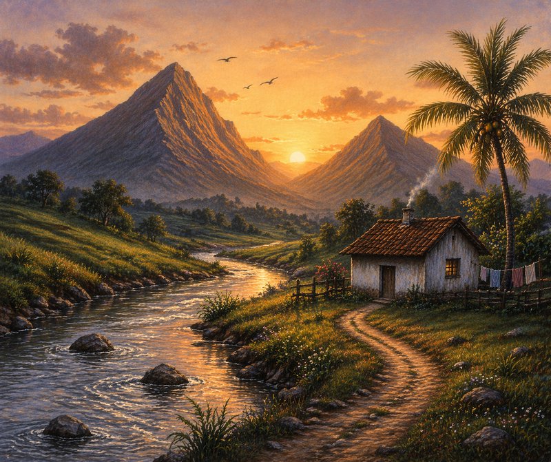 Rustic riverside cottage at golden sunset, with jagged mountain peaks, winding river, and coconut...