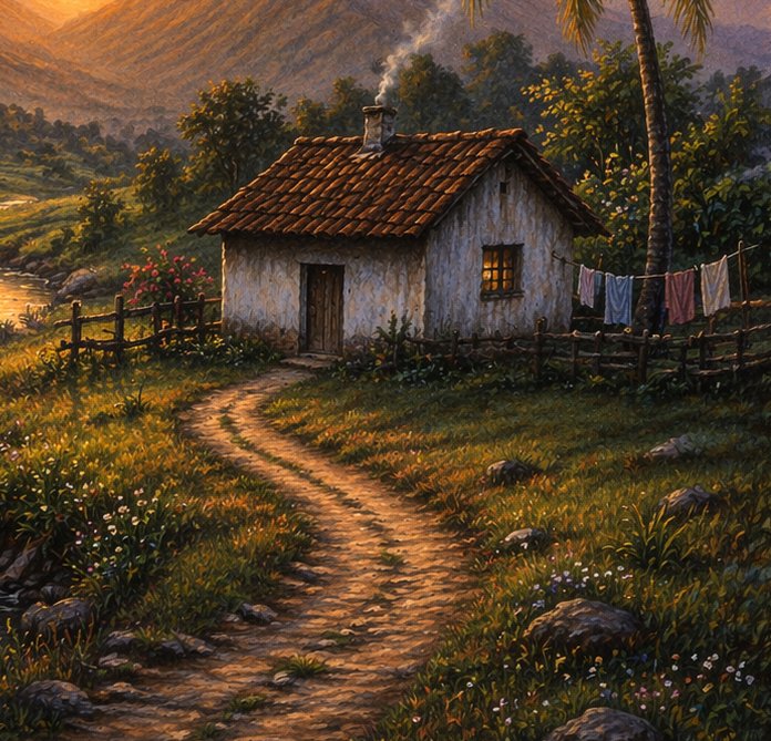 Cozy weathered cottage with smoking chimney at golden sunset, dirt path winding through wildflowe...