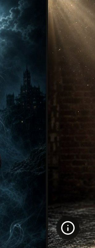 Split vertical diptych: left eerie stormy gothic cliffside castle, right golden sunbeams over wea...