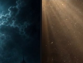 Split diptych artwork contrasting left dark stormy teal sky over gothic spire, right warm golden ...